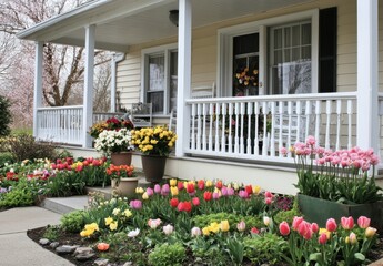 Charming Front Porch with Colorful Flower Garden Featuring Tulips, Daisies, and Pansies in Bright Spring Atmosphere at Residential Home Exterior