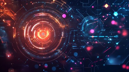 Obraz premium A vibrant digital abstract featuring glowing circles and interconnected lines, symbolizing technology and data flow.
