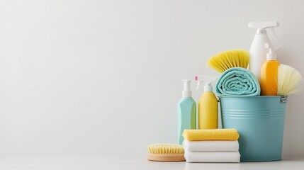 A neatly arranged assortment of various cleaning products including a bucket sponges brushes detergent and spray bottles presented in a minimalist and organized composition