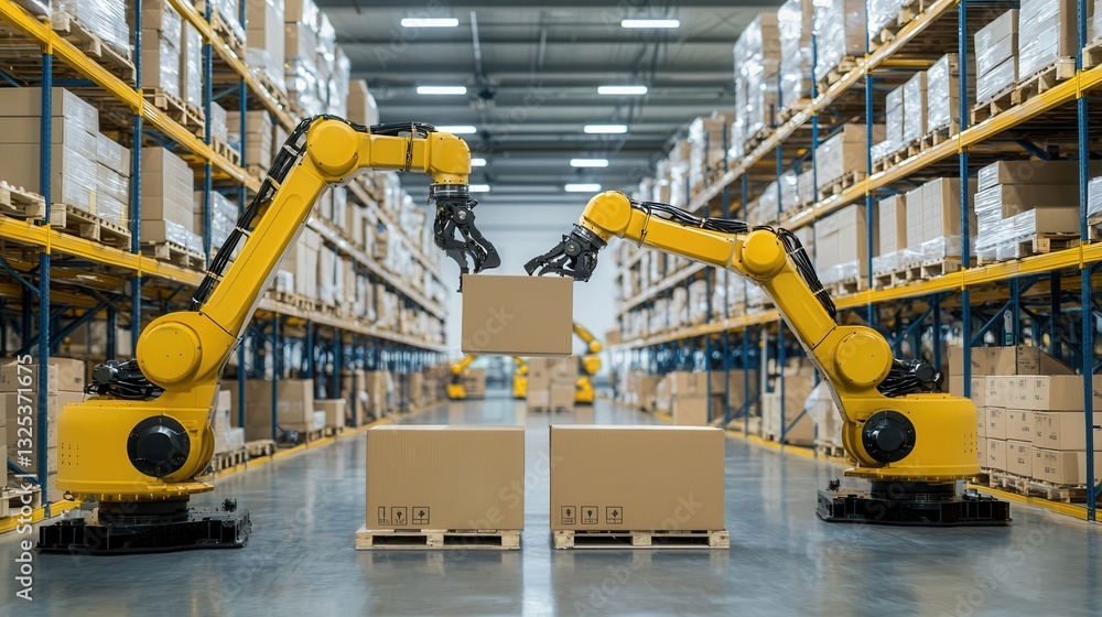 Poster a highly efficient and technologically advanced warehouse with robotic arms efficiently processing a
