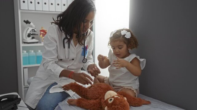 Woman pediatrician examines girl with toy monkey in a medical clinic room, showcasing interaction in a comforting healthcare environment.