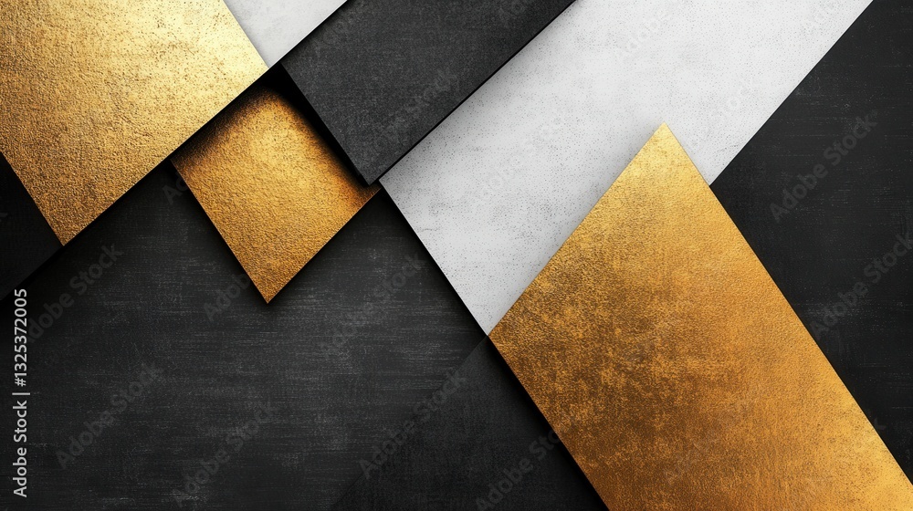 Poster geometric design with clean lines featuring overlapping shapes in black, white, and gold against a m