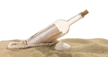 Rolled letter in corked glass bottle, rope and shell on sand against white background