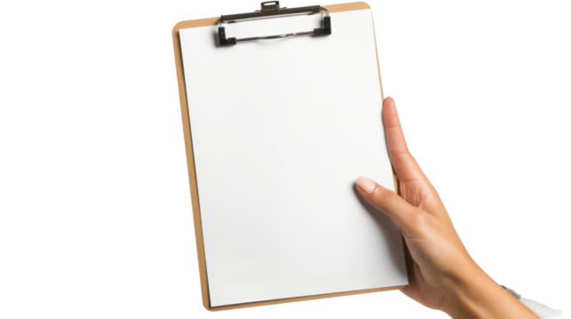 Woman holding empty clipboard with transparent background