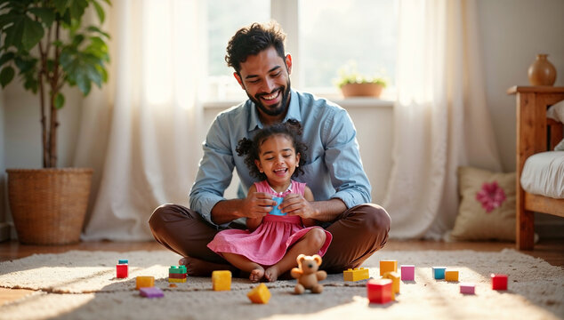 Loving Indian Father and Daughter Playing Together on the Living Room Floor Sharing Joyful Moments and Strengthening Their Bond