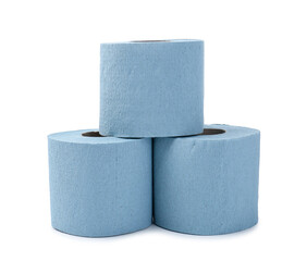 Stacked light blue toilet paper rolls isolated on white