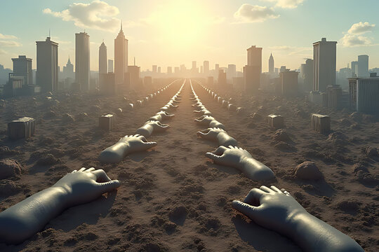 Surreal Dystopian Landscape with Giant Hands and Cityscape - Powered by Adobe