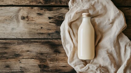 Vintage Milk Bottle on Rustic Wooden Background - Flat Lay Photography