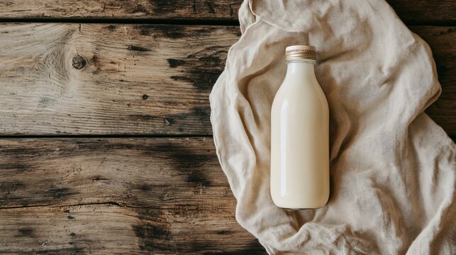 Vintage Milk Bottle on Rustic Wooden Background - Flat Lay Photography