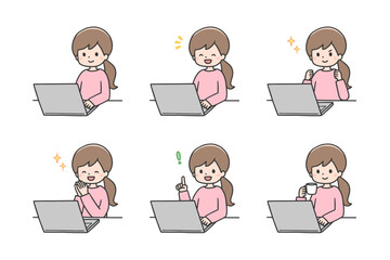 ポジティブな表情でパソコンを操作する女性のセット