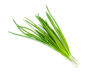 Bunch of fresh green onions isolated on white, top view