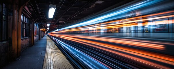 A long exposure photograph of a moving train in a subway station