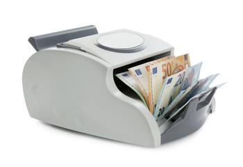 Money counter machine with euro banknotes isolated on white © New Africa
