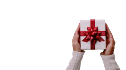 Woman holding white gift box with red ribbon on transparent background