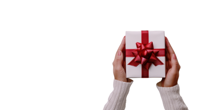 Woman holding white gift box with red ribbon on transparent background - Powered by Adobe