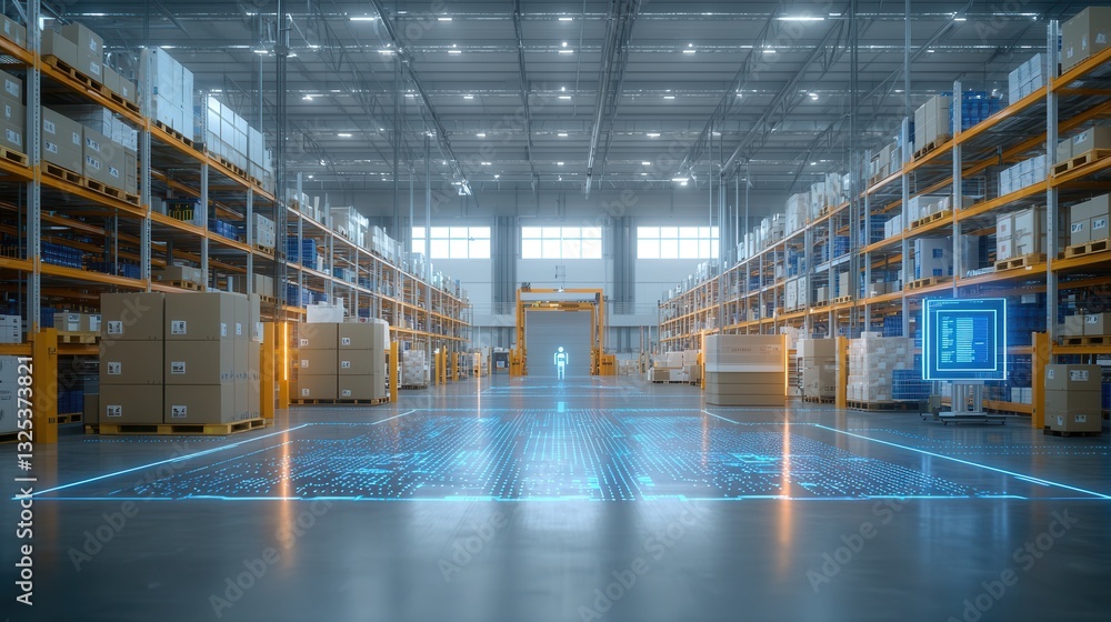 Poster a highly efficient technologically advanced logistics hub that utilizes a digital twin system to opt