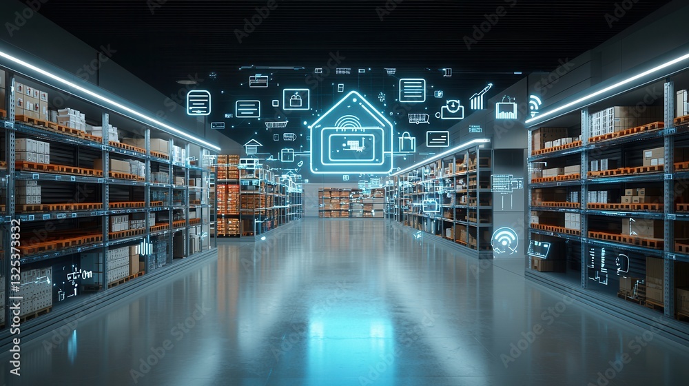 Poster a highly automated and digitized logistics hub featuring a vast aisle lined with towering shelves an