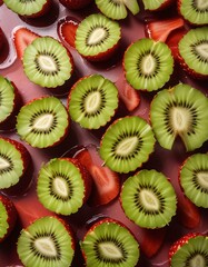 freshly cut kiwi fruit and strawberries on a wooden table