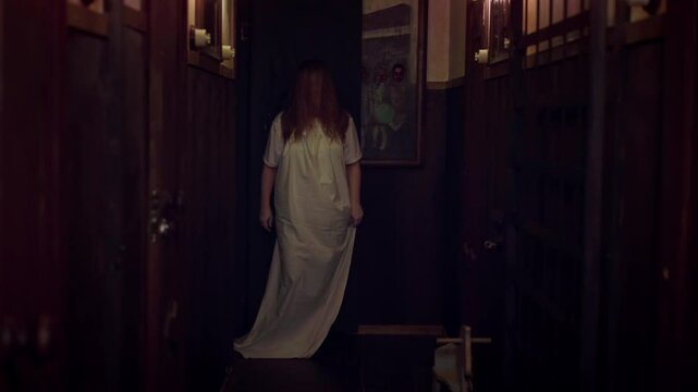 Ghost woman with long hair, wearing white nightgown, hesitantly comes out into hall, stomps along wall, chases the victim, scares her from afar, disappears. Cinematic shot of old hotel with monsters