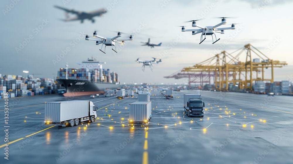 Poster a futuristic port city at dawn with a bustling cargo transportation system featuring drones containe