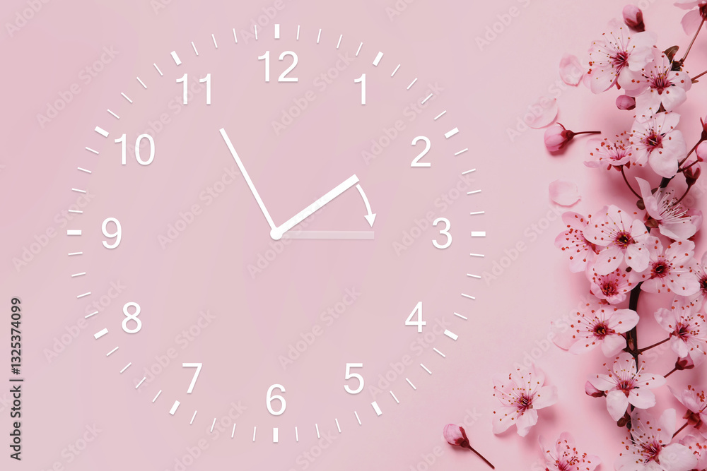 Poster clock and blossoming branch with flowers on pink background, top view. arrow showing time change one