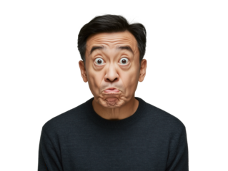 Portrait of a Chinese Man: A Captivating Study of Displeasure and Surprise, Highlighting the Intriguing Contrast of His Furrowed Brow and Wide Eyes.