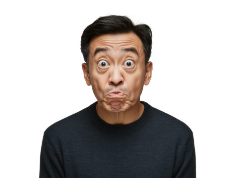 Portrait of a Chinese Man: A Captivating Study of Displeasure and Surprise, Highlighting the Intriguing Contrast of His Furrowed Brow and Wide Eyes.