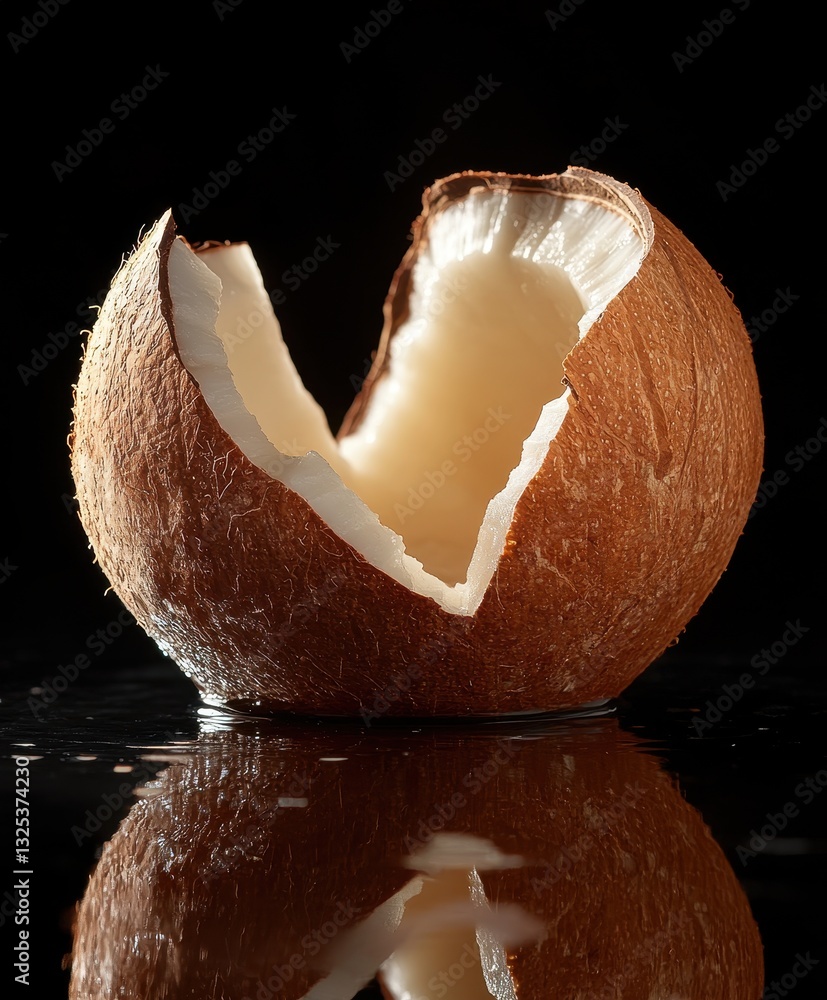 Poster close-up of a cracked coconut shell on a reflective surface with dark background and natural texture
