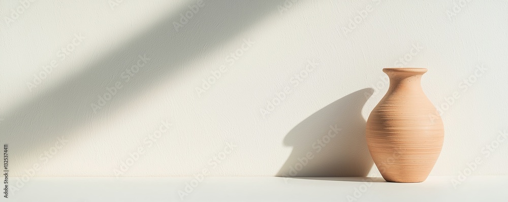 Poster mindful living simplicity concepts. clay vase casting a shadow on a textured background.