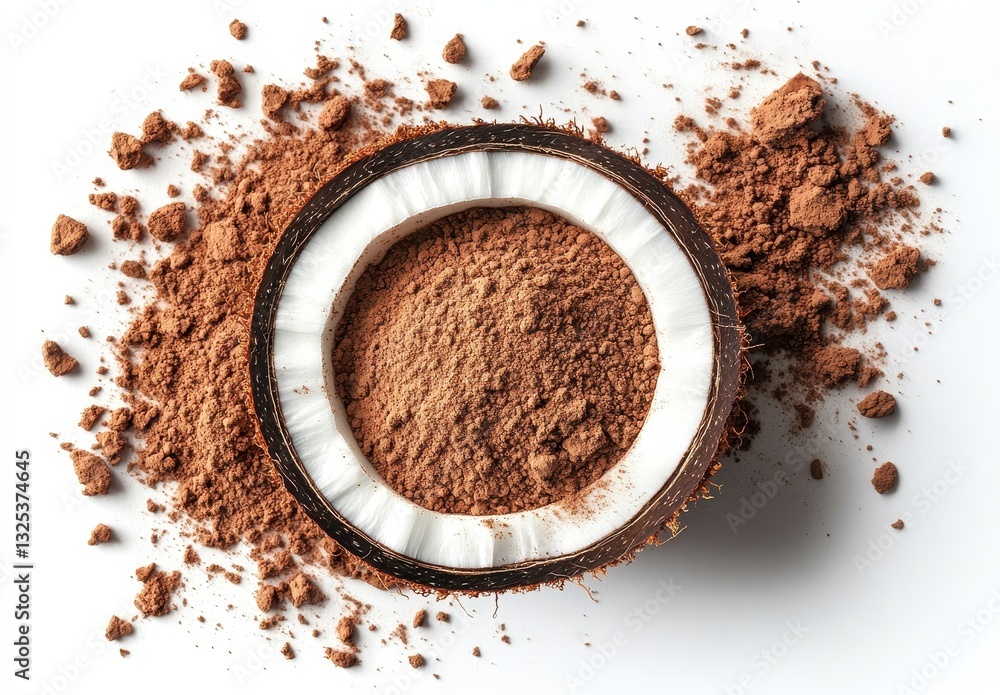 Poster close-up of dark brown cocoa powder in coconut shell with cocoa dust on white surface for culinary i