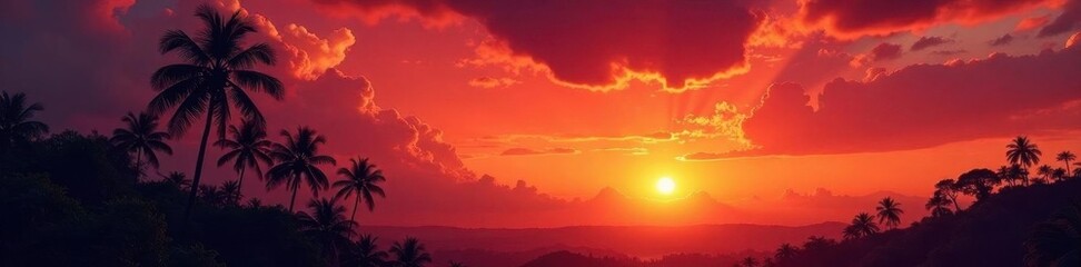 Fototapeta premium Silhouetted palm trees against fiery Bali sunset, silhouette, amazing, bali landscape