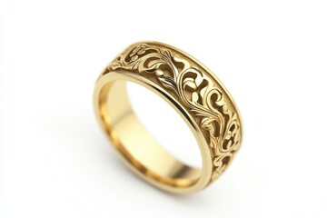 Ornate gold band ring, studio shot