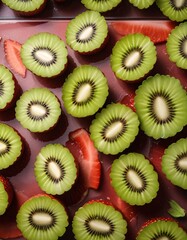 freshly cut kiwi fruit and strawberries on a wooden table