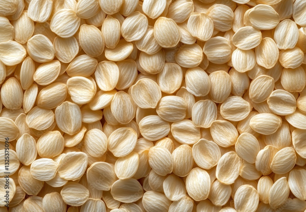 Poster close-up of numerous white seeds with smooth surfaces organized in a layered pattern, ideal for back