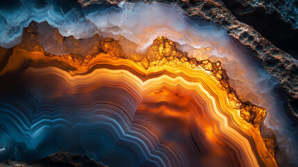 Natural agate stone with flowing waves and glowing colors evokes sense of wonder, showcasing nature artistic touch