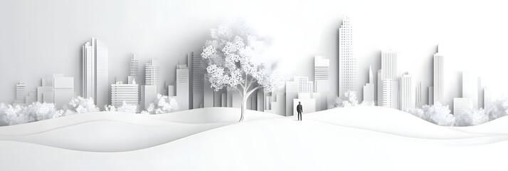 The person who knows. Tree, Achieve sustainable growth, World Environment Day. White eco urban city and nature landscape background paper art style.
