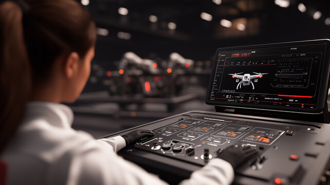 Female Technician Programming Drone Control Panel
