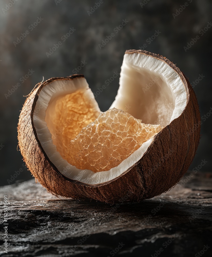 Poster close-up view of a halved coconut shell showing texture and interior on rustic wooden surface with s