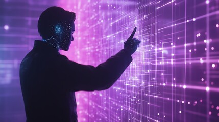 A futuristic figure interacts with a digital display, showcasing a blend of technology and innovation against a vibrant purple background.