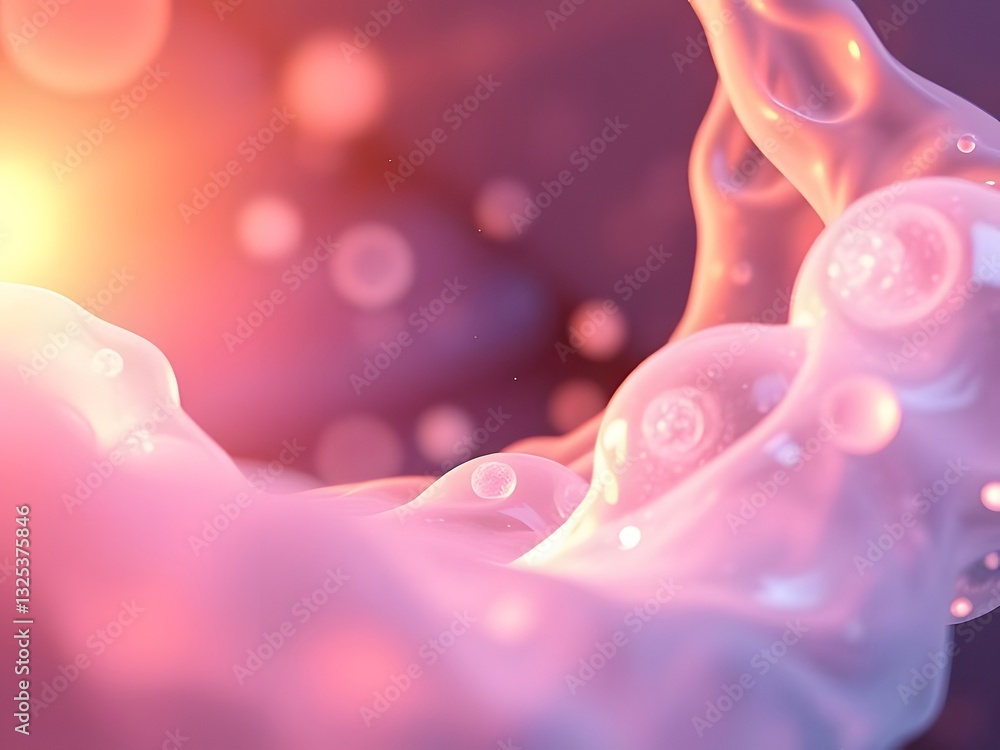 Poster abstract fluid art with cell-like structures and bokeh effect, modern digital design, pink and orang