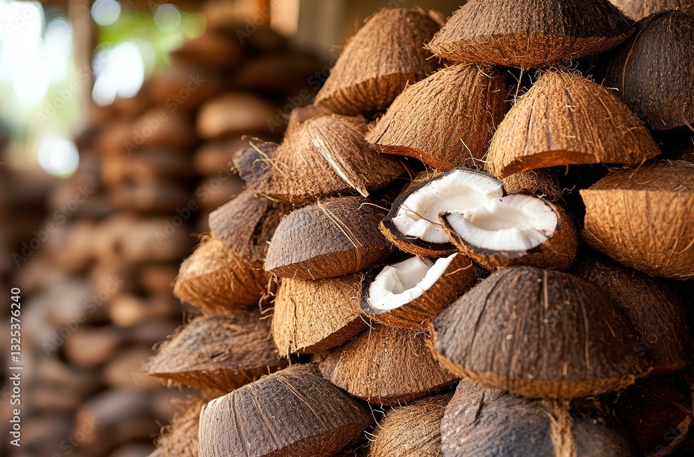 Poster close-up view of fresh coconut shells stacked together, showcasing the intricate textures and patter