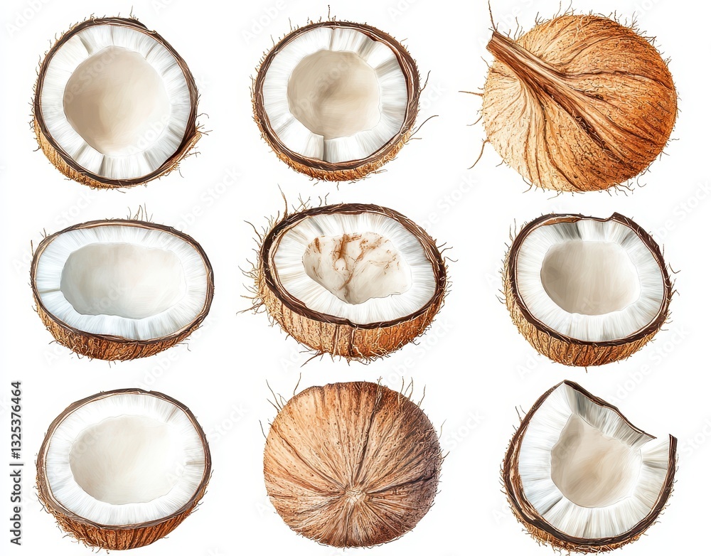 Poster close-up view of multiple coconut halves and whole coconuts displayed on white background for natura