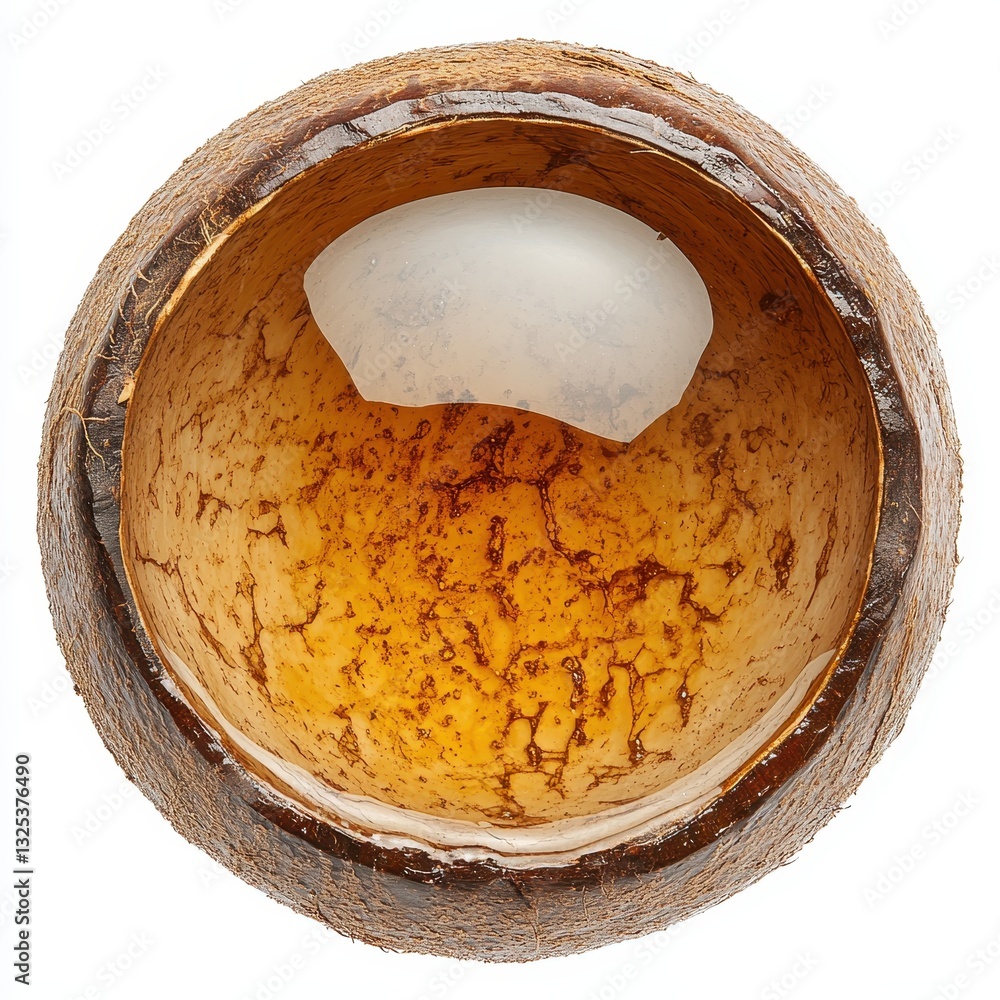 Poster close-up view of natural coconut shell interior with textured surface and light reflection ideal for