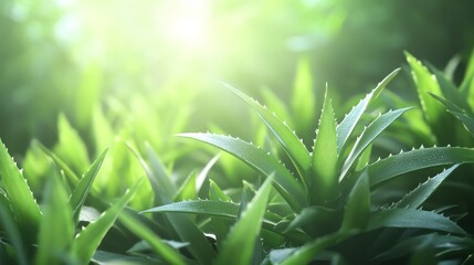 Obraz premium Lush green plants, vibrant sunlight filters through foliage