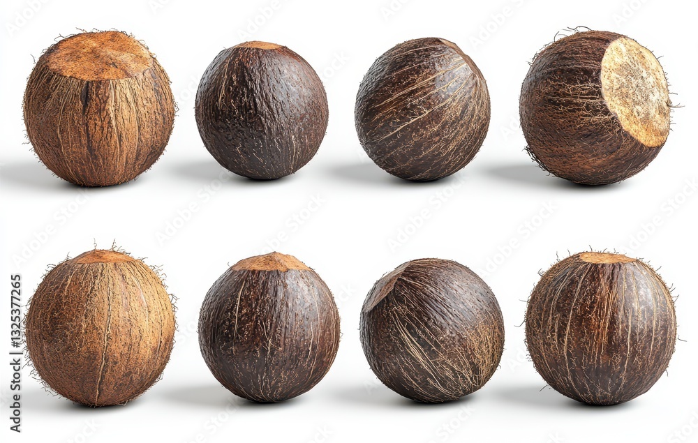 Aufkleber close-up view of various types of natural brown coconut fruits displayed in different angles on a li