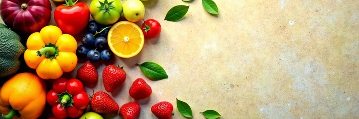 Colorful abstract food arrangement with fruits and vegetables, vibrant, fresh