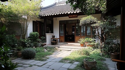 Obraz premium Exploring Tranquil Courtyard Garden of Traditional Asian Home on Sunny Day