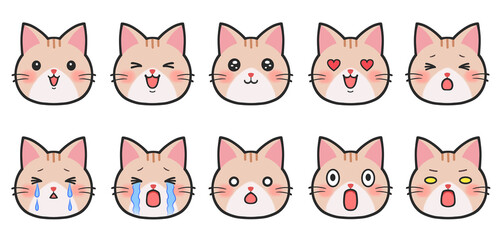 Fototapeta premium 猫のアイコン セット 素材 茶トラ あしらい 表情 キャラ 喜怒哀楽 笑う 喜ぶ 嬉しい 楽しい びっくり 驚く 号泣 コミカル 挿絵 飾り パーツ デフォルメ シンプル cute cat faces icon,tabby cat,kitty,kitten