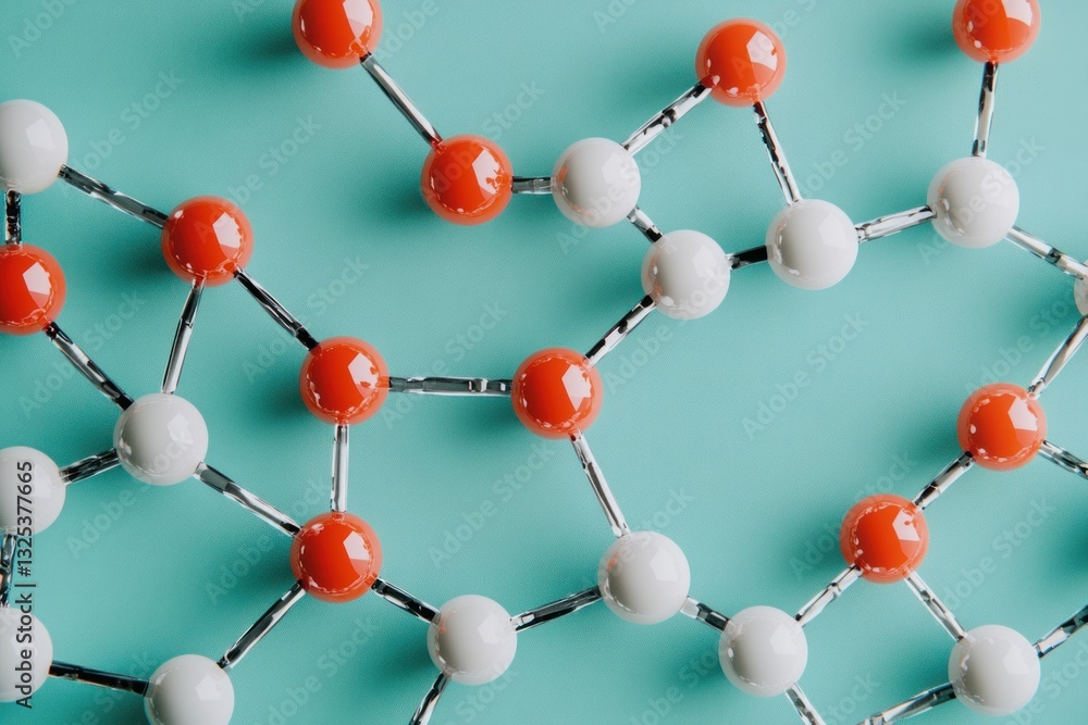 Poster abstract molecular structure with red and white spheres.
