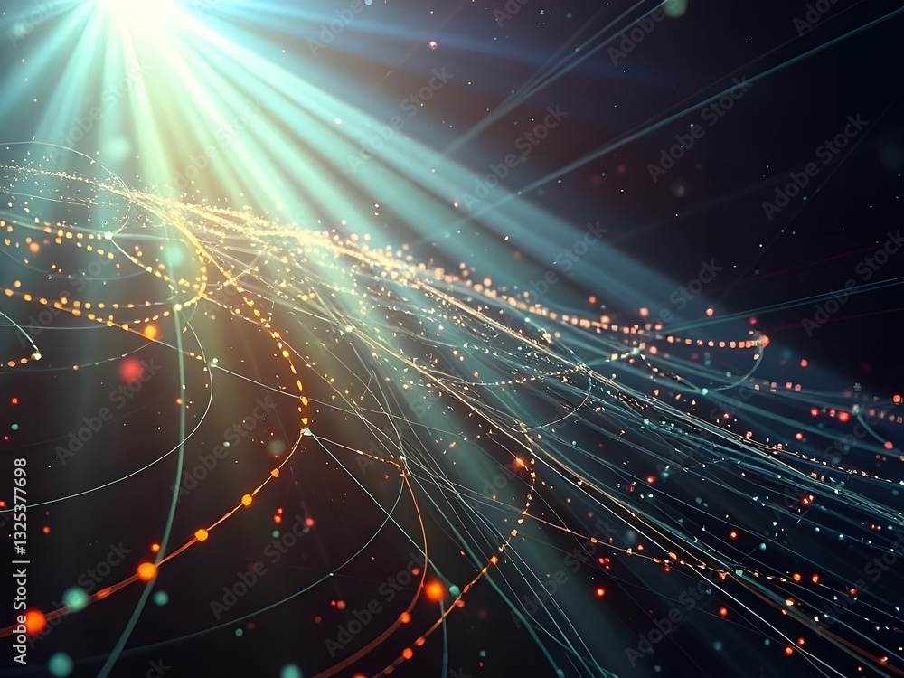 Poster abstract digital network visualization with light beams, data flow, connecting lines, and particles.
